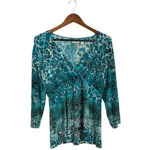 Chico’s Travelers Turquoise Teal Brown White Surplice Top Sz 1